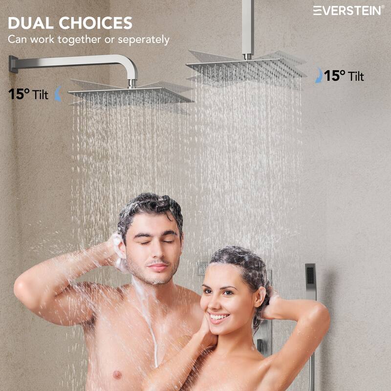 Thermostatic Faucet System 12" Dual Showerheads with 3 Body Jets and Rough-In Valve