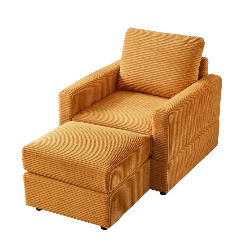Corduroy Chaise Lounge Set with Ottoman and Adjustable Backrest