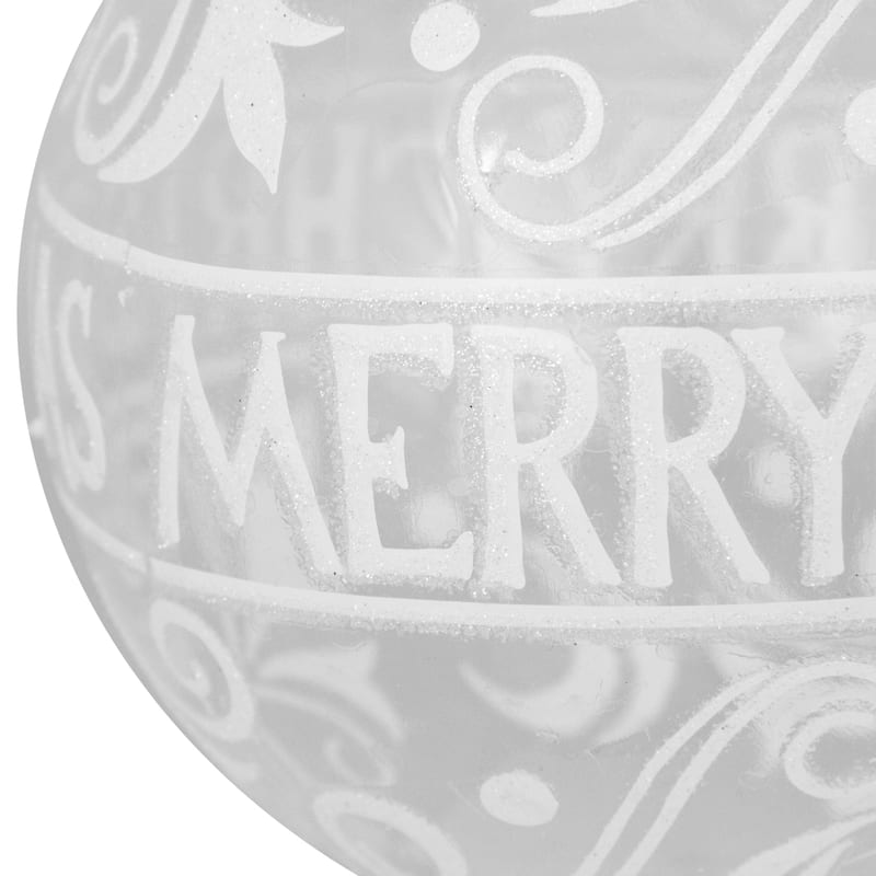 Clear and White "Merry Christmas" Glass Christmas Ball Ornament 4.5"