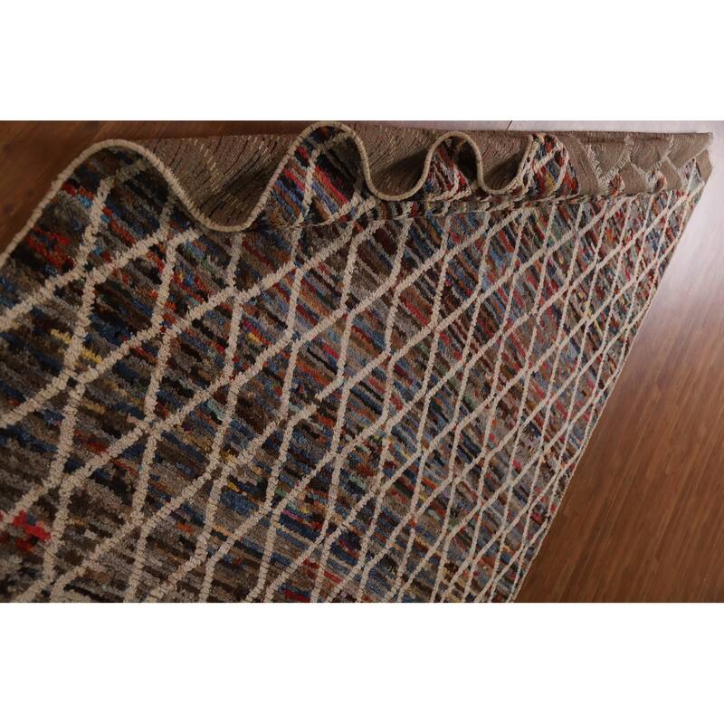 Hand Knotted Oriental 100% Wool Carpet Modern All-Over Black Moroccan Area Rug - 9' 7'' X 6' 3''