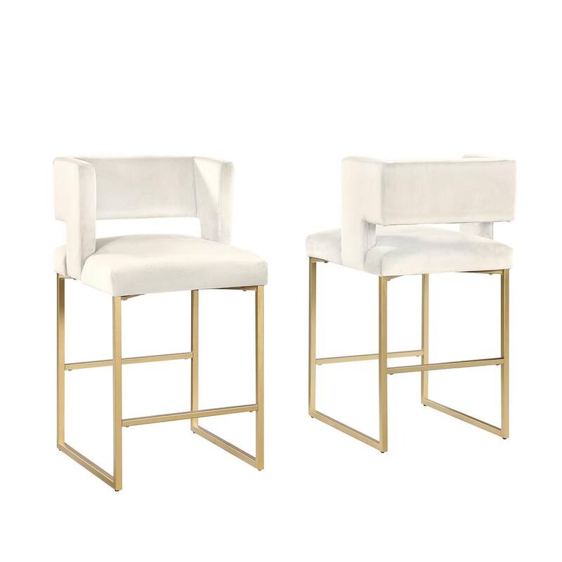 27 Inch Counter Stool Set of 2 with Soft Padded Cream Velvet Upholstery, Gold Metal Legs, Kitchen Side Stool