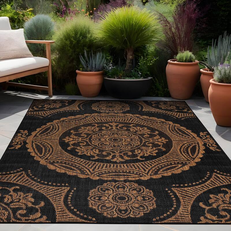 Beverly Rug Blue Medallion Indoor Outdoor Rug, Outside Carpet for Patio, Deck, Porch