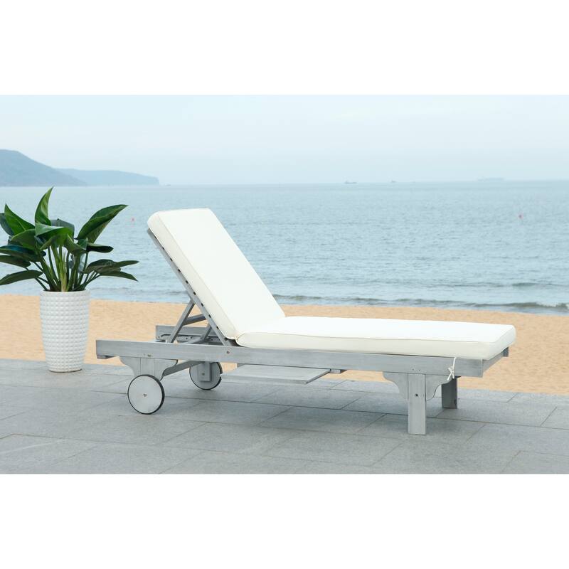 SAFAVIEH Outdoor Aubrie Adjustable Chaise Lounge Chair with Wheel. - White/Grey.