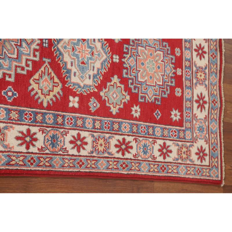 Geometric Red Kazak Runner Rug Hallway Hand-Knotted Wool Carpet - 2'7" x 8'0"