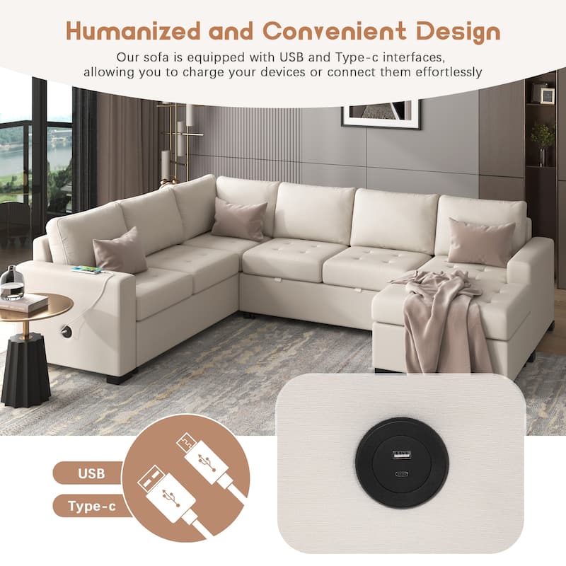 108.3'' Spacious U-Shape Sectional Sofa for 6, Pull-Out Bed, Lounge Chair with USB & Type-C Ports