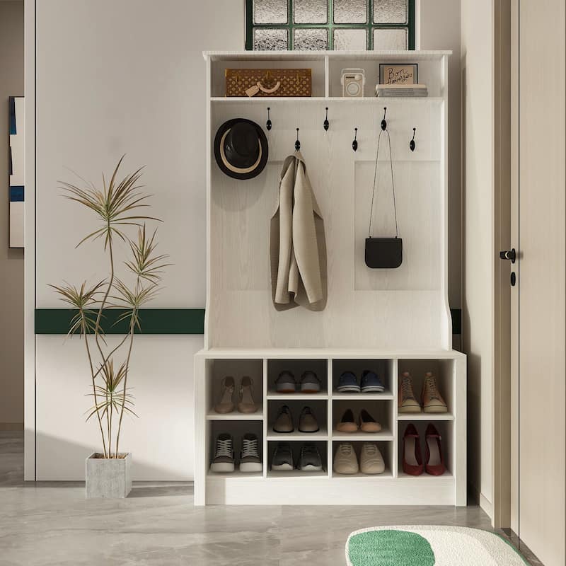 Entryway Hall Trees Bench Shoe Storage Cabinet Coat Rack Hooks White - White