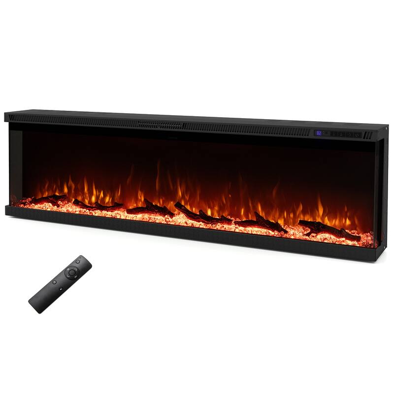 Black 3-Sided Electric Fireplace with Remote and Panoramic Tempered Glass Flames 5000 BTU Heater