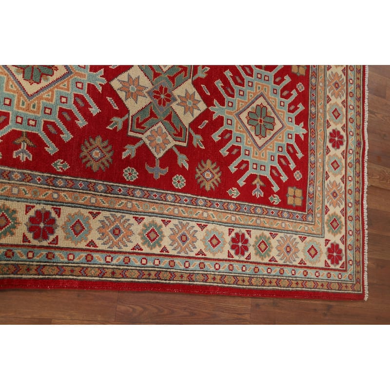 Kazak Accent Rug Handmade Geometric Red Wool Carpet - 3'5" x 4'11"