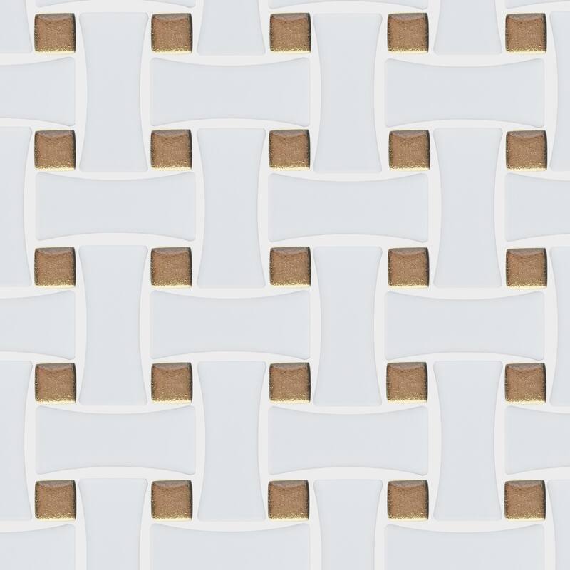 Merola Tile Metro Dog Bone Basketweave Matte White with Glass Gold Dot 10" x 10" Porcelain Mosaic Wall Tile