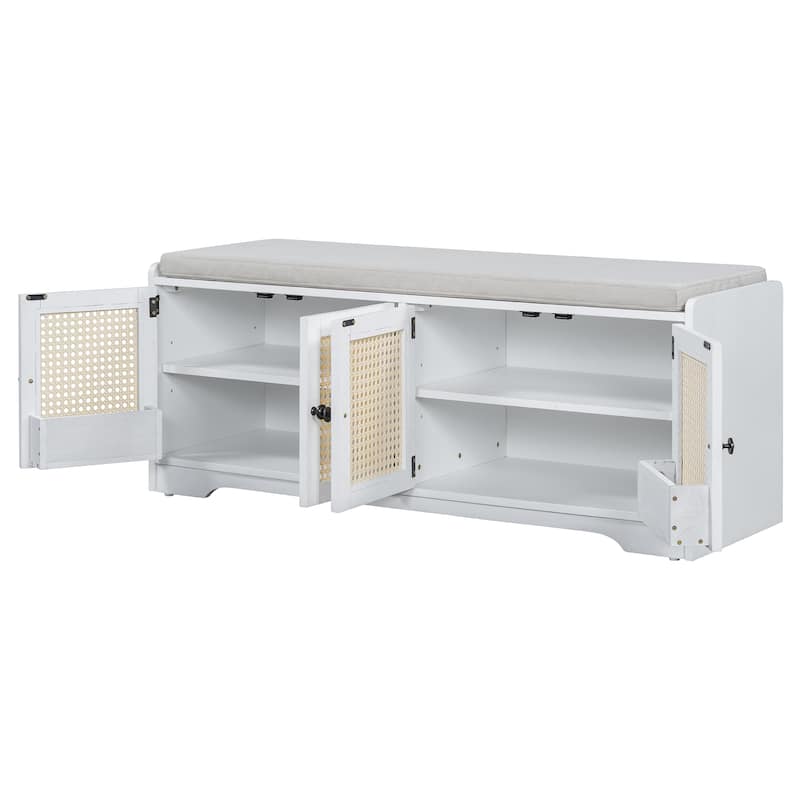 Rustic Storage Bench Multifunctional Wood Entryway Shoe Bench with Removable Cushion, Woven Rattan Doors & Adjustable Shelves