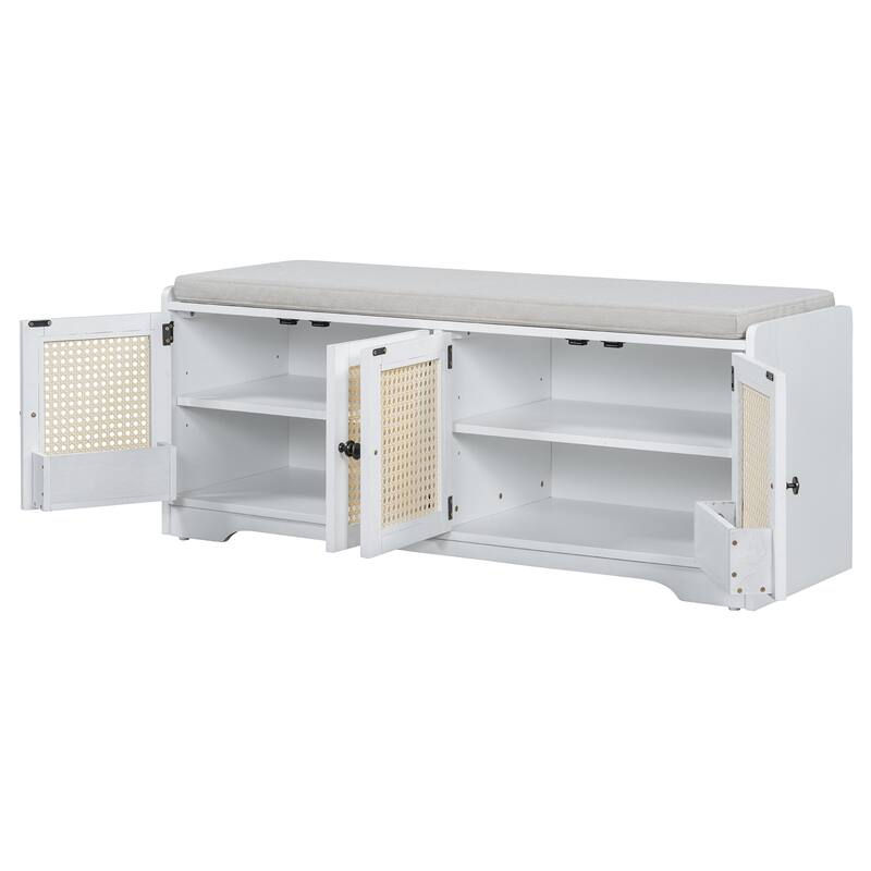 Rustic Storage Bench with Removable Cushion, Rattan Doors & Adjustable Shelf