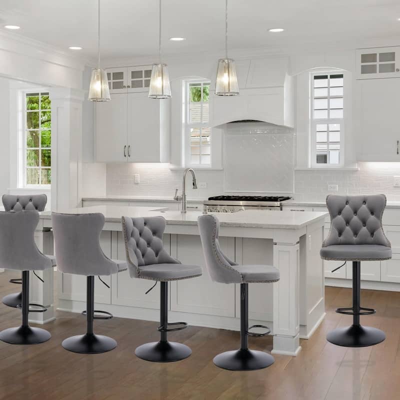 Velvet Upholstered Nailheads Tufted Swivel Bar Stools (Set of 6) - Grey BlackBase