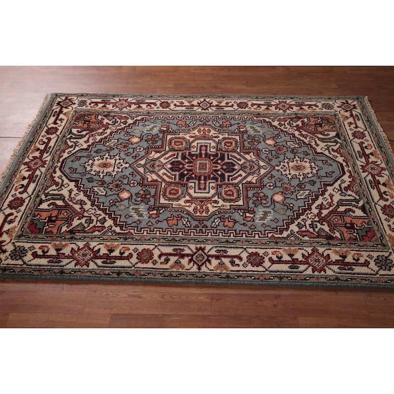 Blue Geometric Heriz Serapi Oriental Area Rug Handmade Wool Carpet - 4'0"x 6'0"