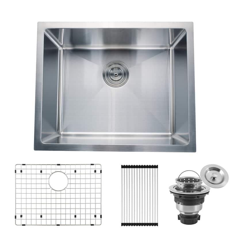 CB HOME 23" Undermount Kitchen Sink, Drop in Single Bowl Kitchen Sink, Stainless Steel Kitchen Sink with Basket Strainer - 23''x18''x10'' - sink+grid+roll up rack