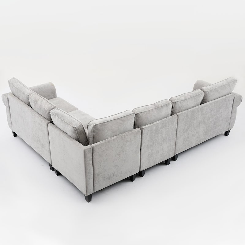 109.5" Chenille 6-Seater L-Shaped Sectional Sofa with Rivets Decorated Rolled Armrests,Cushions, and Wood Frame