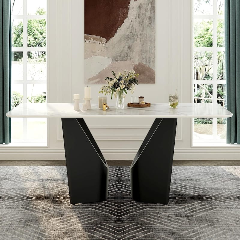 71 inch White Sintered Stone Dining Table with Black Base