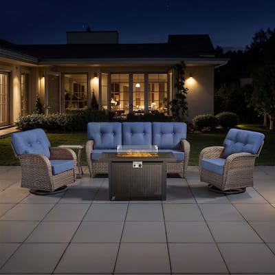 TWrap Wicker Patio Iron Fire Pit Conversation Set with 3-Seat Sofa & Swivel Gliders