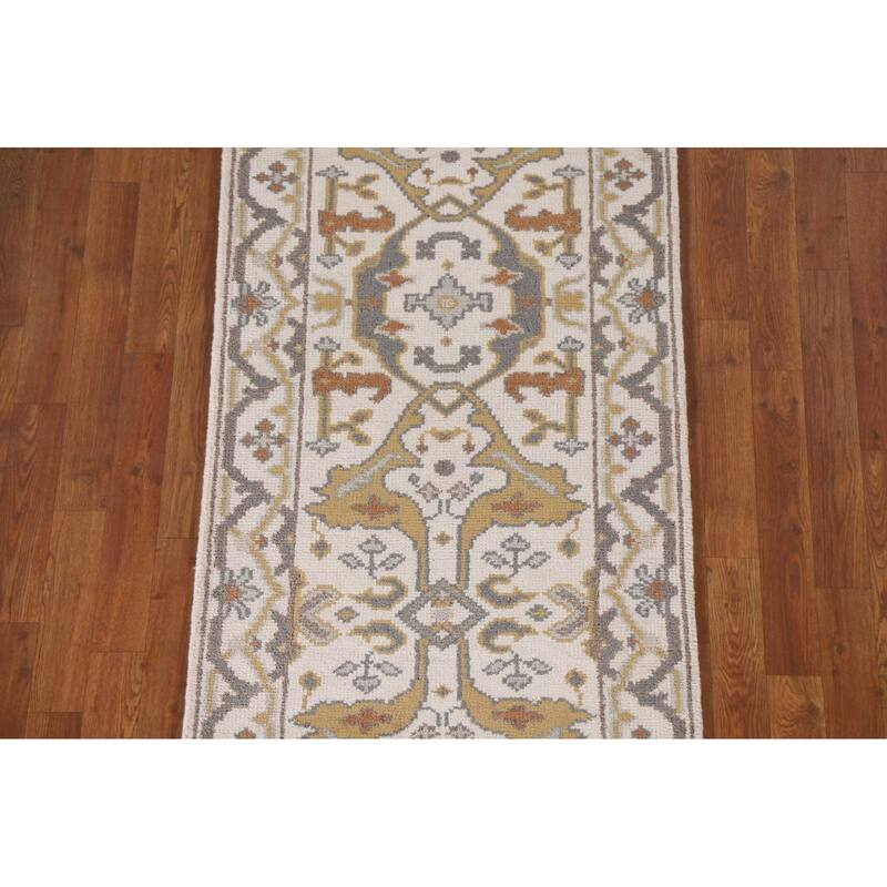 All-Over Ivory Oushak Indian Runner Rug Hand-knotted Wool Carpet - 2'6"x 10'2"