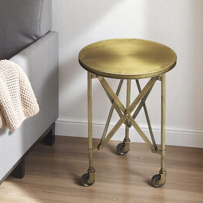 HomeRoots 24" Antiqued Gold Iron Round Rolling End Table - 14.25 in. x 23.5 in. x 14.25 in.