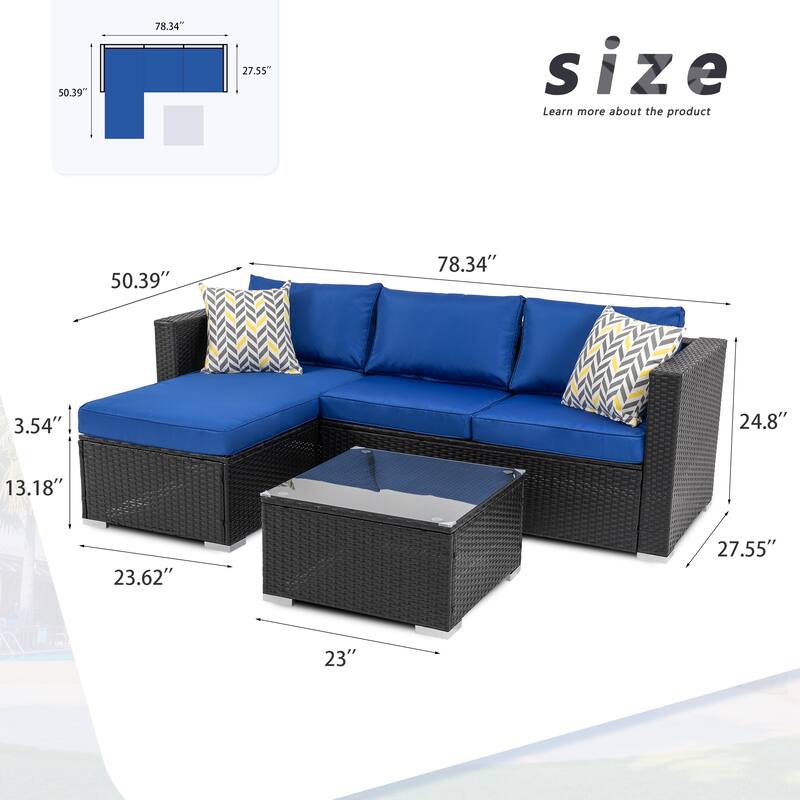 Futzca Outdoor Furniture Patio Sets,Low Back All-Weather Small Rattan Sectional Sofa