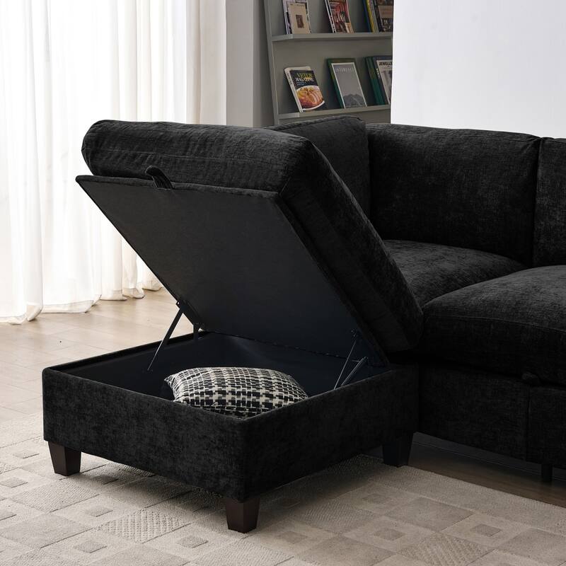 96.5" L-Shaped Chenille Sectional Sofa with Storage and Movable Ottoman