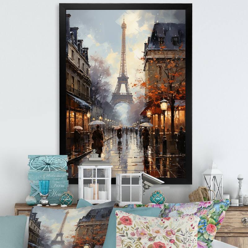 Designart "Eiffel Paris In 19 Century" City Paris Framed Canvas Prints - 16 in. wide x 32 in. high - Black
