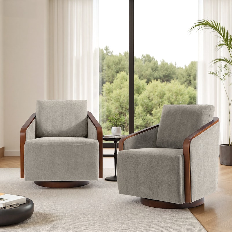 Set of 2 Modern Swivel Accent Barrel Chairs with Wood Arms - LIGHT BROWN