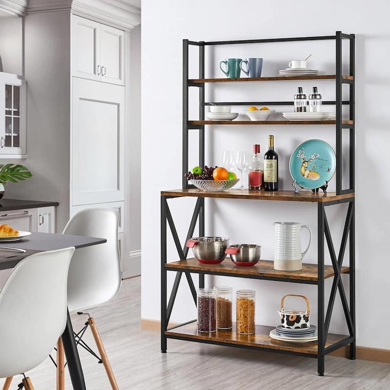 Wood Metal 5-Tier Adjustable Bakers Rack for Kitchen and Living Room Storage - 16"D x 35.5"W x 64.5"H