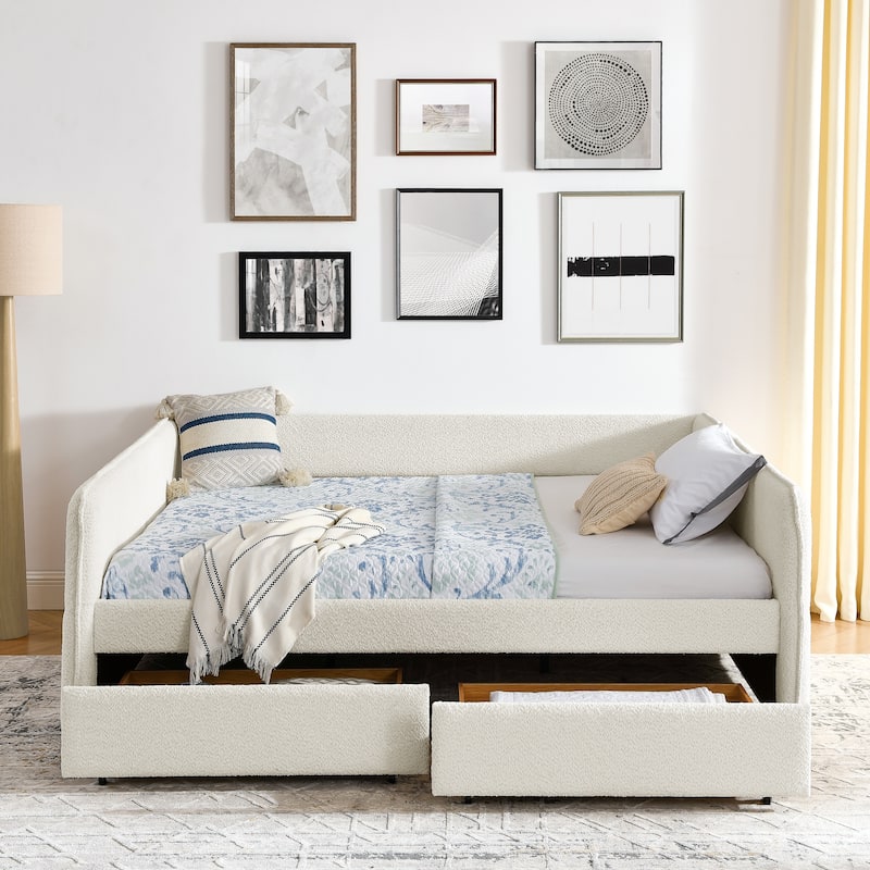 Queen Size Boucle Daybed with Trundle and 2 Storage Drawers and Tufted Upholstered Sofa Bed