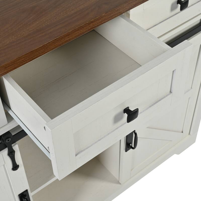 53.7'' Particle Board Farmhouse Kitchen Island with Power Outlet, Drop Leaf, Spice Rack, Rolling Wheels and Drawers