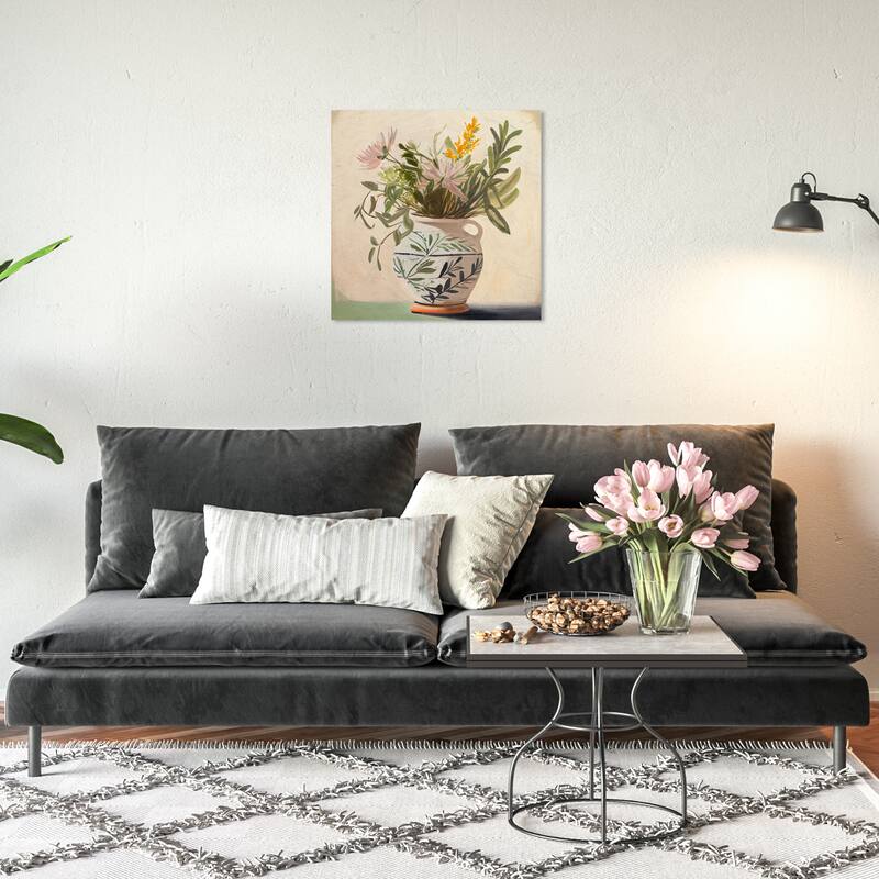 Wynwood Studio Canvas Floral and Botanical Mediterranean Olive Floral Vase Green and Vanilla Traditional Wall Art Canvas Print - 20 x 20