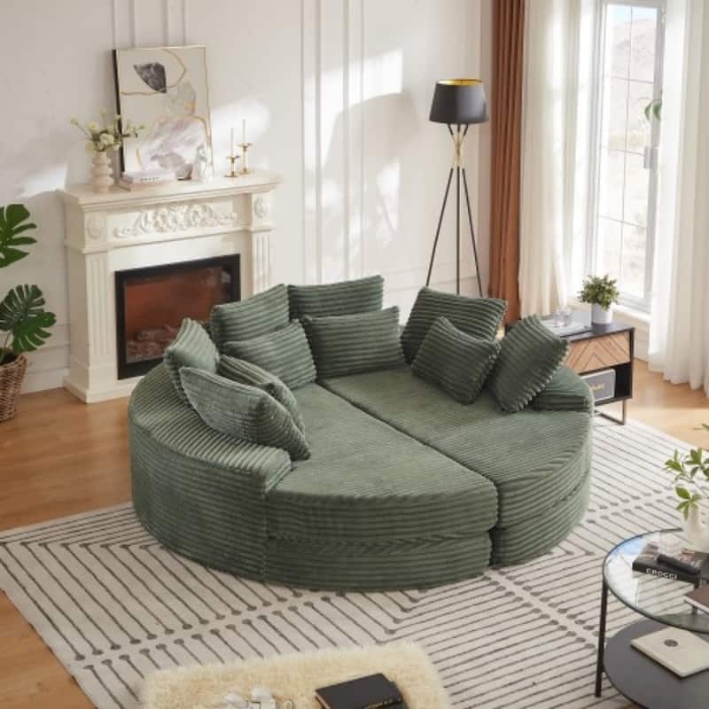 78.5" Corduroy Round Oversized 2-In-1 Sofa Bed, Neck Pillow Design With Four Throw Pillows