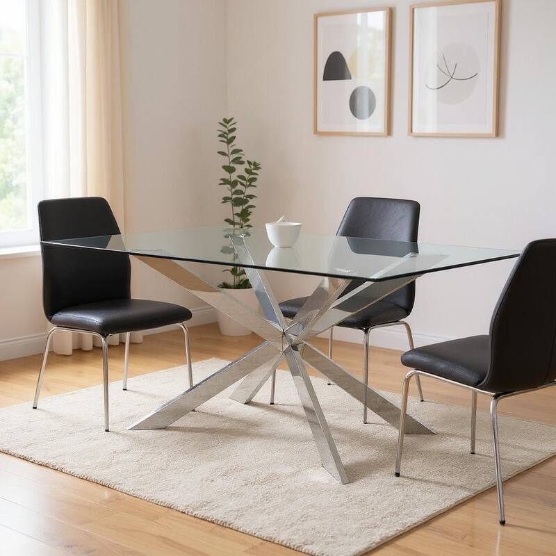 HomeRoots 72" Clear and Silver Glass and Metal Cross Leg Base Dining Table - 72.00 in. x 30.00 in. x 42.00 in. - Clear - 72.00 in. x 30.00 in.  x 42.00 in.