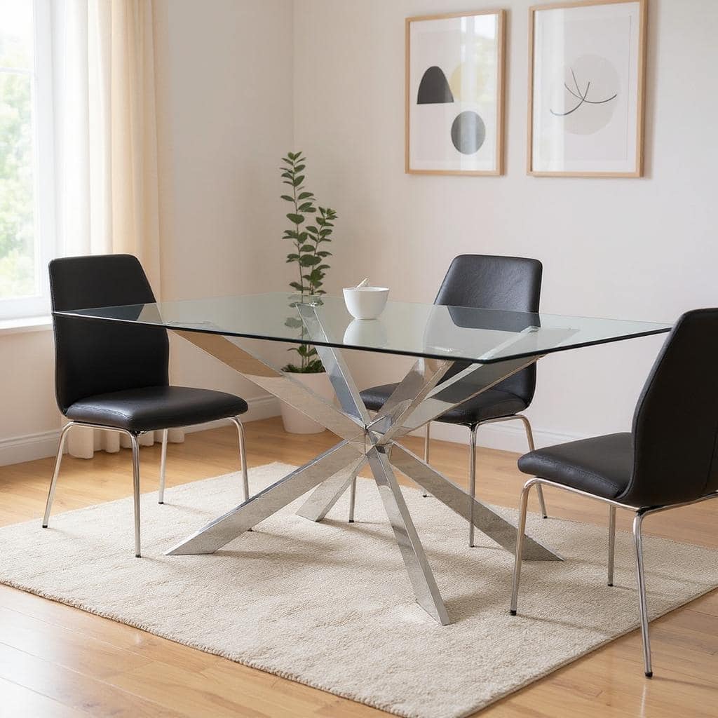 HomeRoots 72" Clear and Silver Glass and Metal Cross Leg Base Dining Table - 72.00 in. x 30.00 in. x 42.00 in.