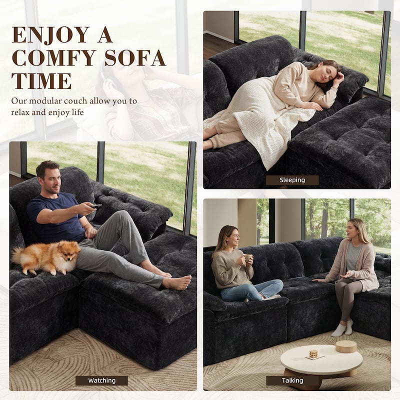 Rossetta L-Shaped Modular Chenille Cushioned Extreme Comfort Sofa with Detachable Backrest and Armrests, 1 Removable Ottoman