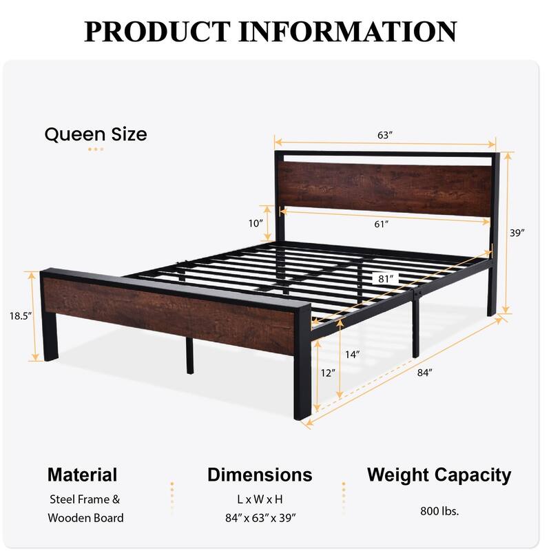 14 Inch Queen Size Metal Platform Bed Frame with Wooden Headboard and Footboard, Mattress Foundation, No Box Spring Needed