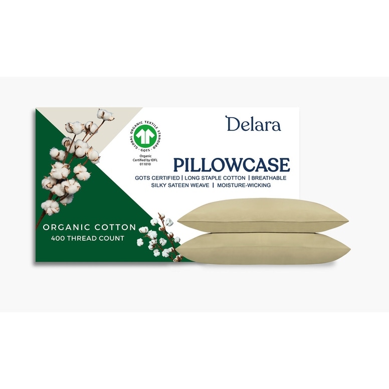 Delara GOTS Certified 100% Organic Cotton Pillowcase Pack of 2, 400 TC Long Staple Cotton, Moisture-Wicking, Smooth & Breathable