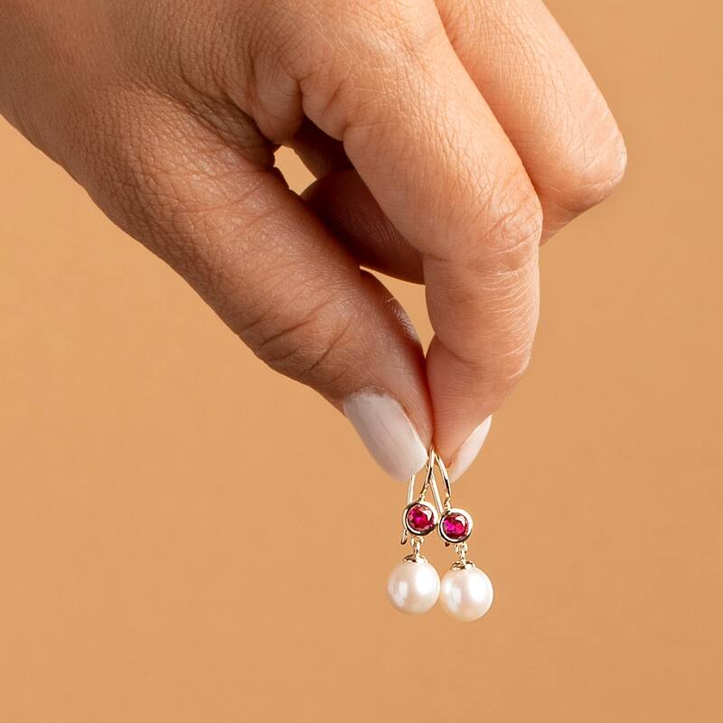 14k Yellow Gold Freshwater Pearl and Ruby Birthstone Drop Earrings