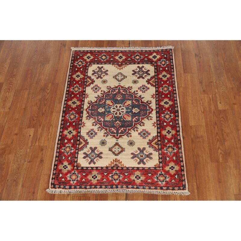 Ivory Kazak Oriental Foyer Rug Hand-Knotted Wool Carpet - 2'0" x 3'0"