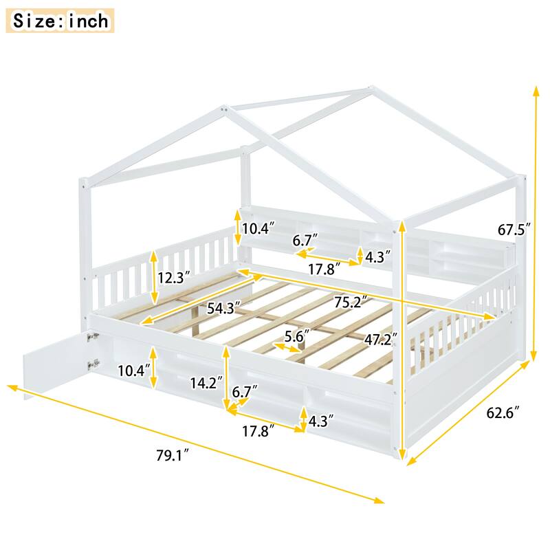 Full Wooden House Bed with Shelves and Mini-Cabinet - White/Gray