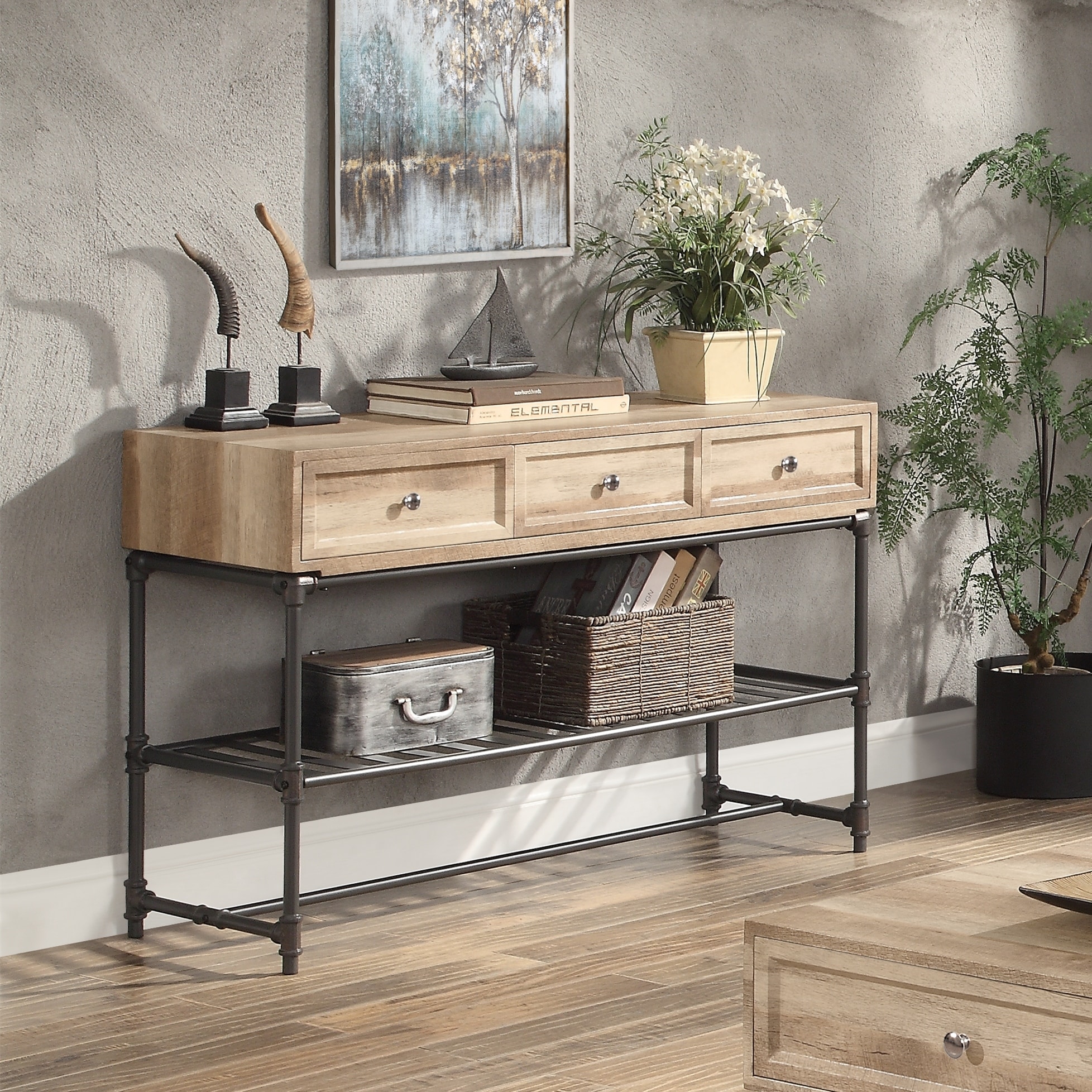Sofa Table In Oak & Sandy Black Finish Kd Structure•3 Drawer & 1 Tier Shelf Included,Sofa Table