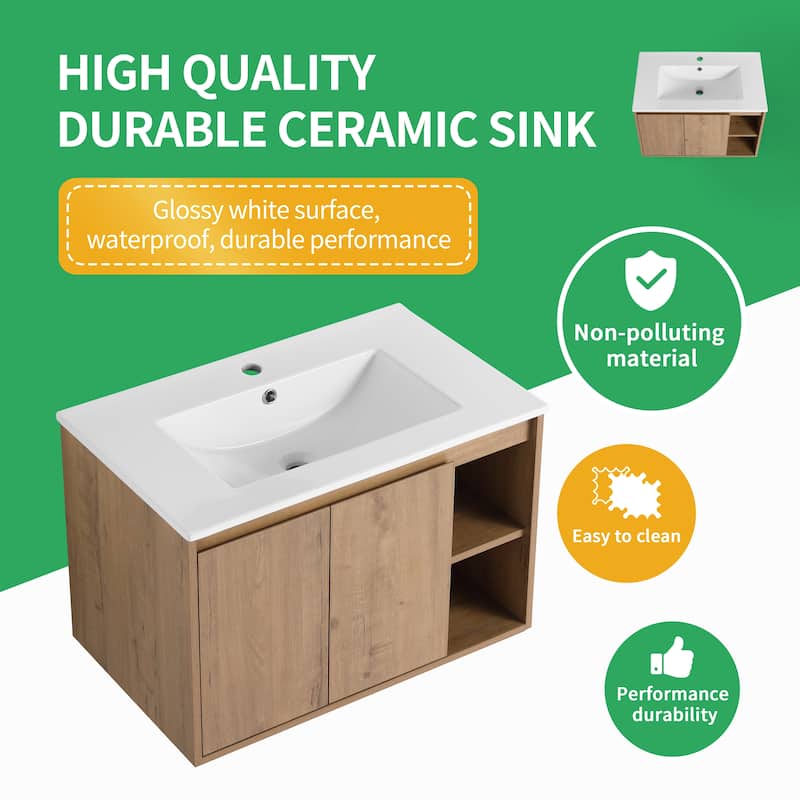 BNK 20"/24"/30" Single Sink Bathroom Vanity with Soft Close Door or Right Side Shelves, Modern Floating Vanity
