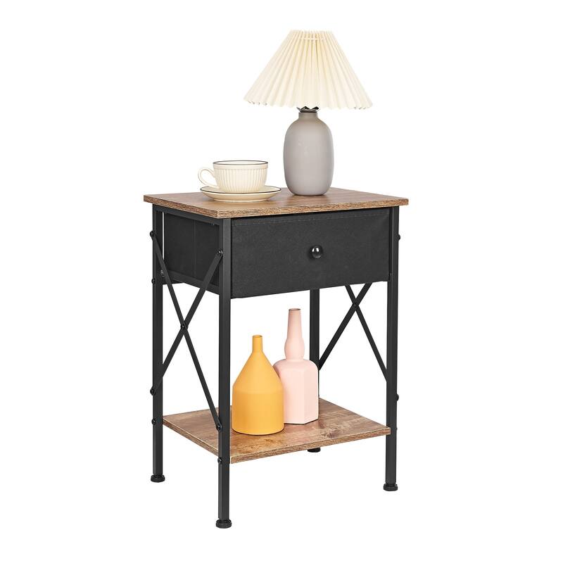 VECELO X Frame Nightstand with Removable Fabric Drawer Easy to Clean Nightstand Multifunctional End Table with Open Shelf