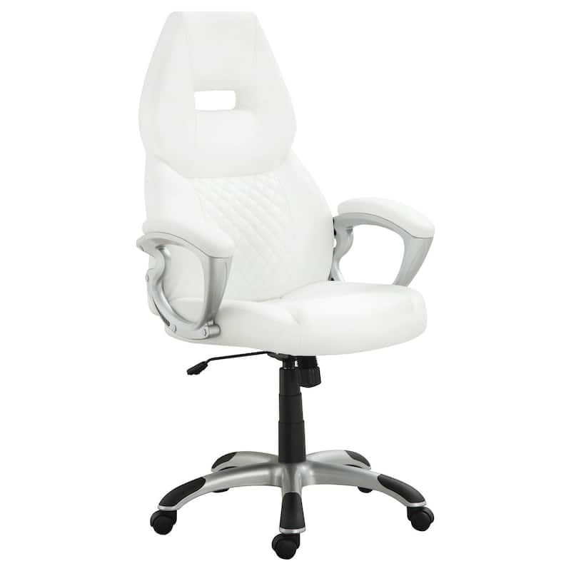 Adjustable Height White Leatherette Office Chair with Ergonomic Contoured Back, Armrests and Casters