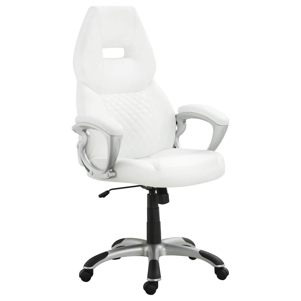 Adjustable Height White Leatherette Office Chair with Ergonomic Contoured Back, Armrests and Casters
