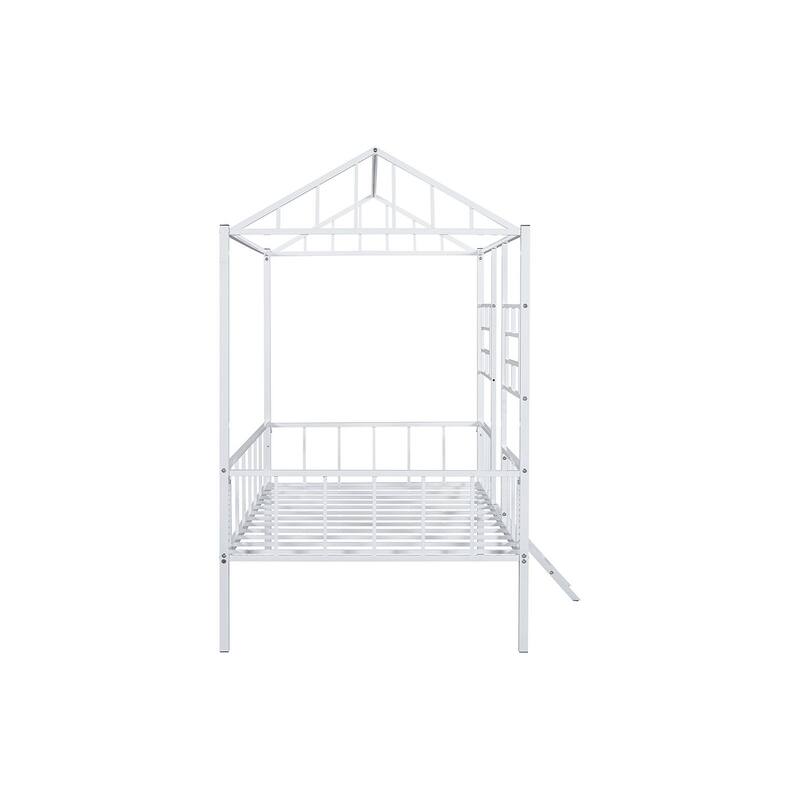 Twin Loft Bed with Angled Ladder and House Design, White Metal Frame, Contemporary Style