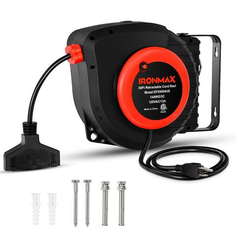 IRONMAx 50ft Retractable Extension Cord Reel Ceiling or Wall Mount w/ - See Details