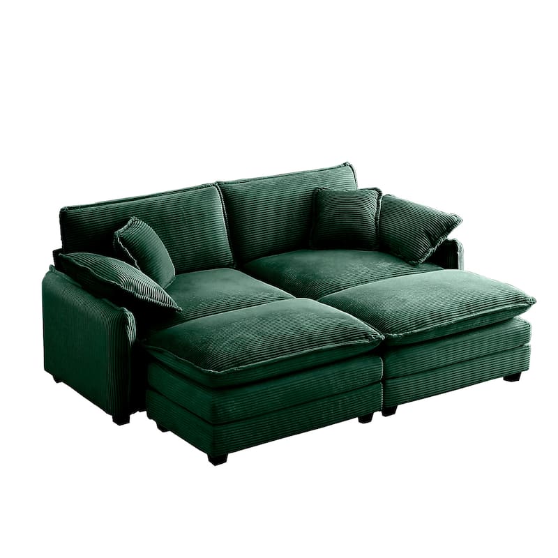81" 2-Seater Sectional Sofa with 2 Ottoman Corduroy Upholstered Couch for Living Room, Apartment, Leisure Loveseat with Pillows