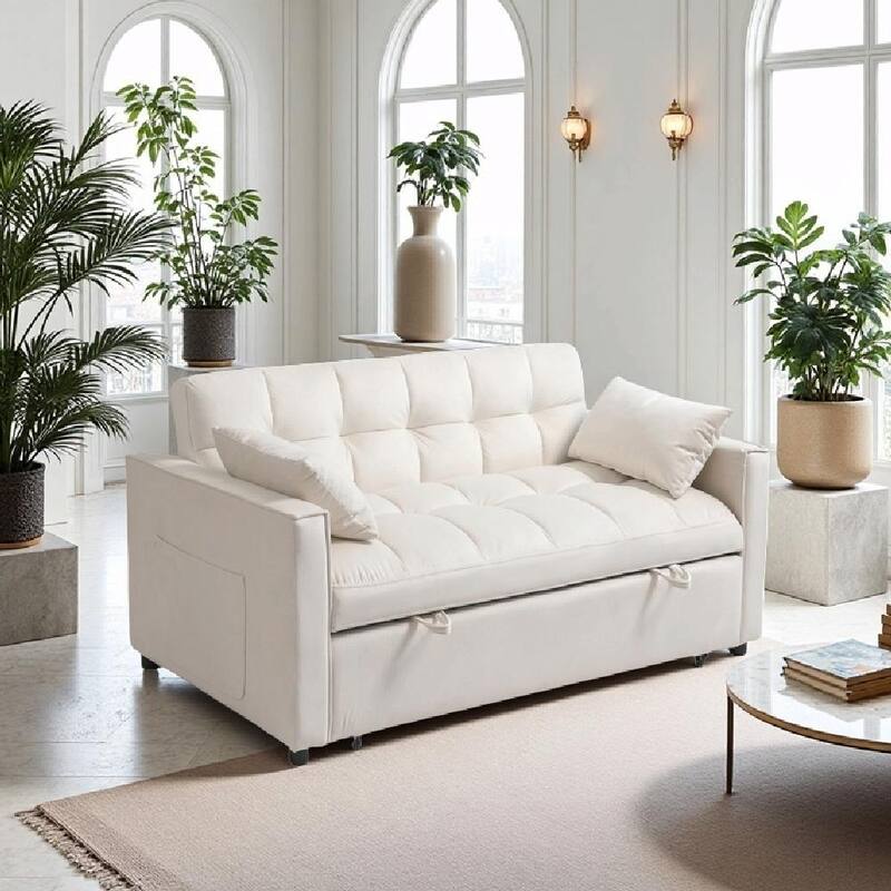 Pull-Out Sofa Bed - Adjustable Velvet Couch with Pillows - White