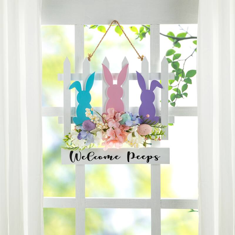 Glitzhome Easter Wooden Cute Bunny Eggs/Fence Door Hanger Wall Decor Spring Gift